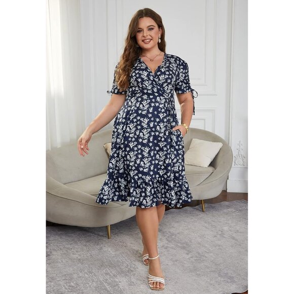 Plus Size Summer Wedding Guest Dress Boho Floral V Neck Pockets A Line - Picture 3 of 7
